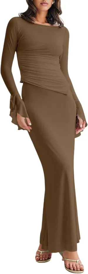 Lrady Womens 2 Piece Sets Long Sleeve Crewneck Cropped Top Slim High Waist Party Maxi Pencil Skirts Long Dress Outfits