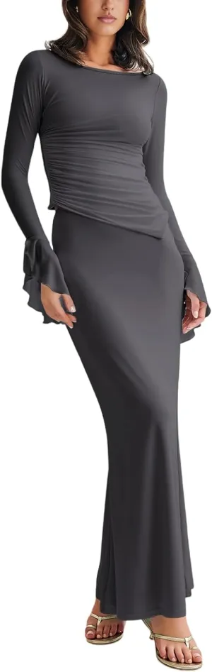 Lrady Womens 2 Piece Sets Long Sleeve Crewneck Cropped Top Slim High Waist Party Maxi Pencil Skirts Long Dress Outfits