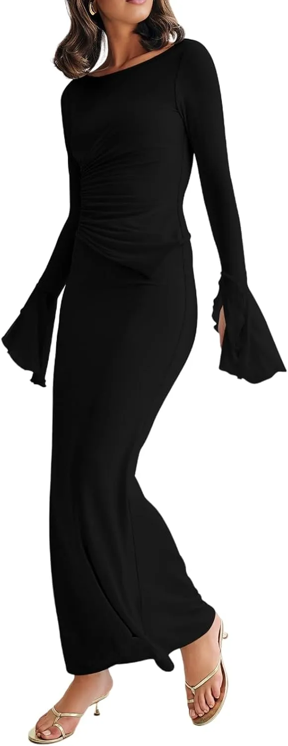Lrady Womens 2 Piece Sets Long Sleeve Crewneck Cropped Top Slim High Waist Party Maxi Pencil Skirts Long Dress Outfits