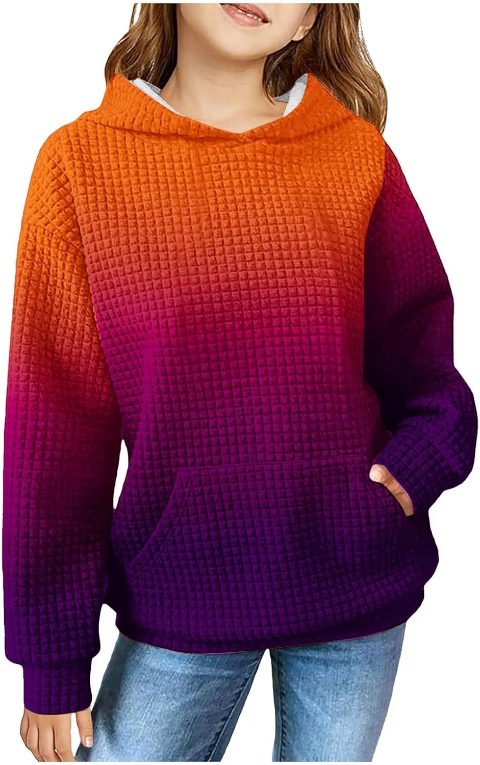 LRMQS Cute Hoodies for Teen Girls Trendy Preppy Waffle Hooded Sweatshirts Oversized Long Sleeve Sweater Tween Girl Clothes