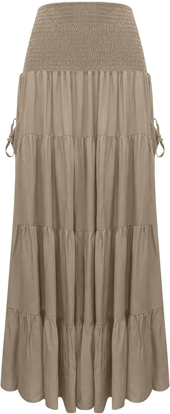 Maxi Skirts for Women Summer Elastic High Waist Flowy Boho Classic Pleated Tiered Beach Long Dress with Pockets