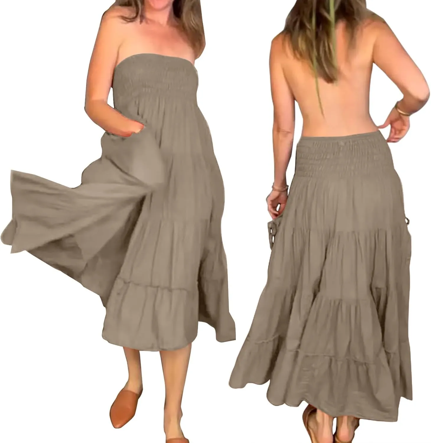 Maxi Skirts for Women Summer Elastic High Waist Flowy Boho Classic Pleated Tiered Beach Long Dress with Pockets