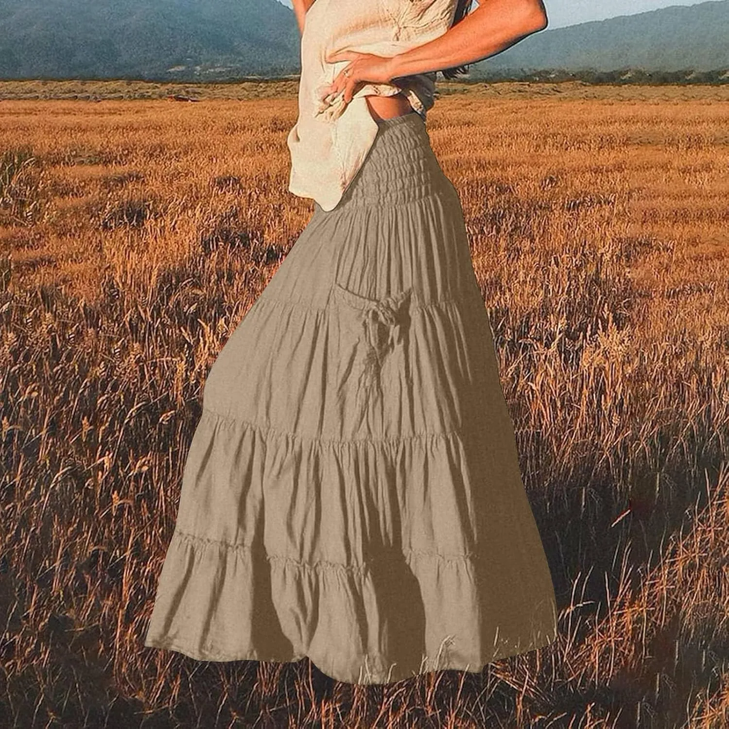 Maxi Skirts for Women Summer Elastic High Waist Flowy Boho Classic Pleated Tiered Beach Long Dress with Pockets
