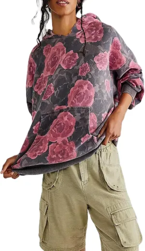 Meiweileya Oversized Graphic Hoodies for Women Y2k Long Sleeve Doop Sweatshirts Top Print Floral Crewneck