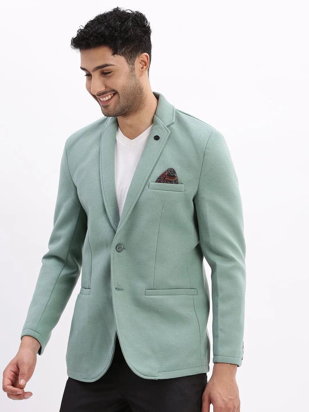Men Sea Green Slim-Fit Single-Breasted Notched Lapel Collar Casual Blazer