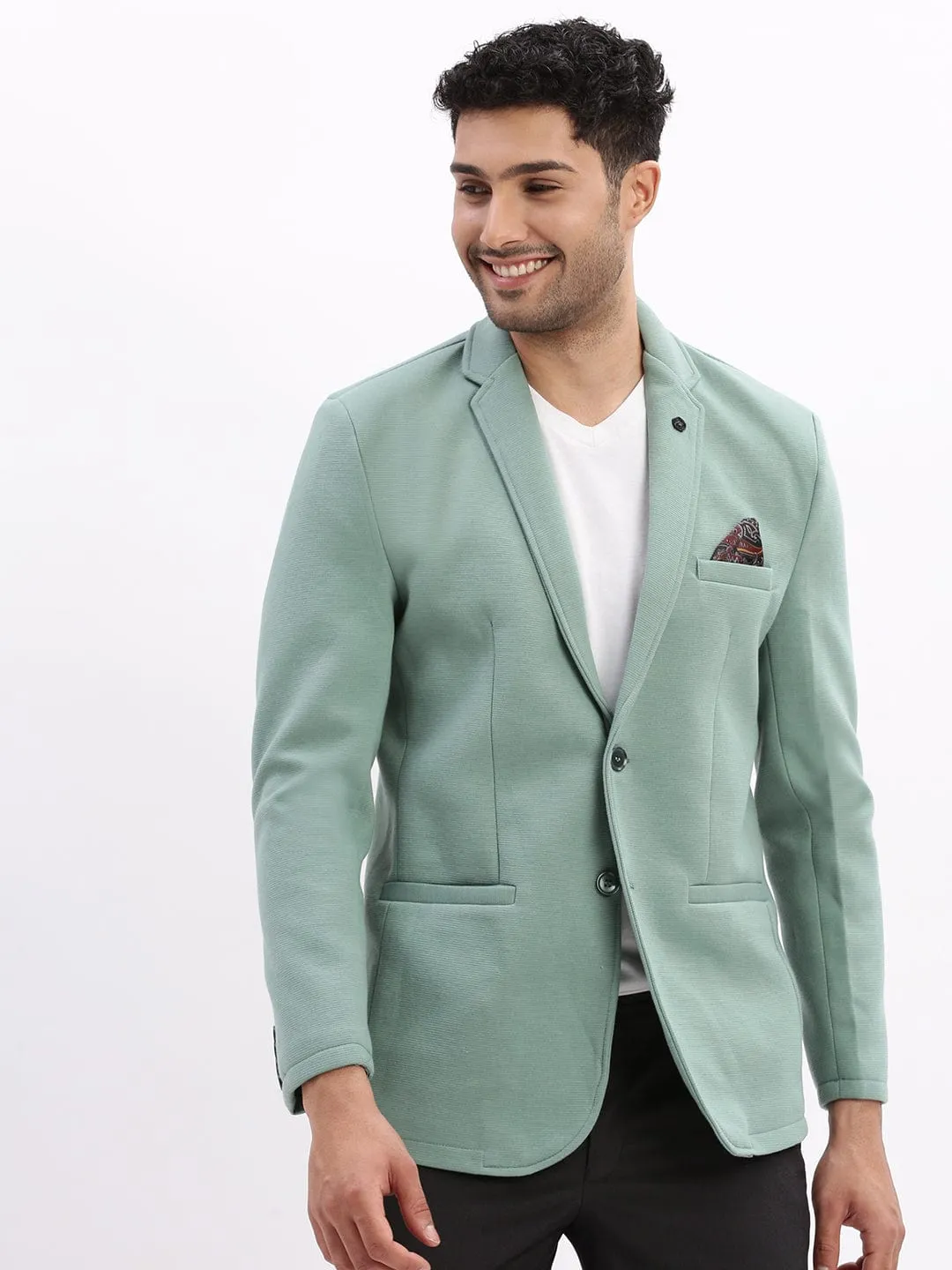 Men Sea Green Slim-Fit Single-Breasted Notched Lapel Collar Casual Blazer