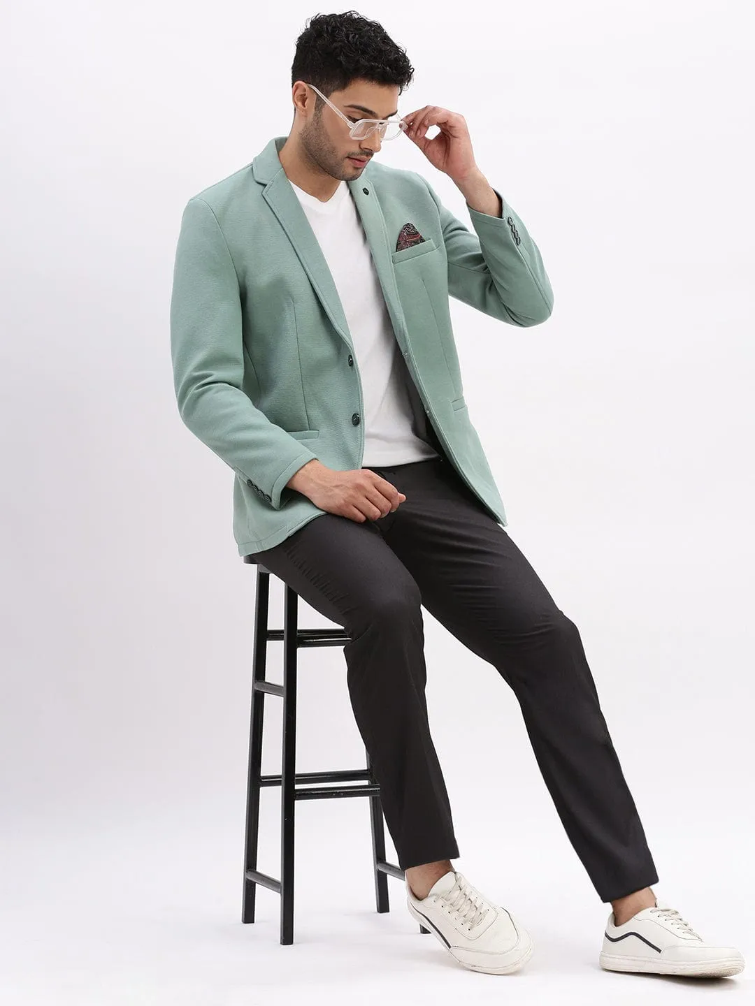 Men Sea Green Slim-Fit Single-Breasted Notched Lapel Collar Casual Blazer