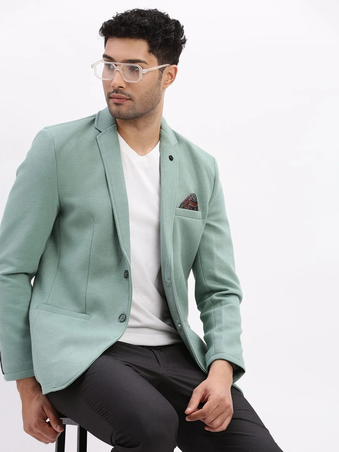 Men Sea Green Slim-Fit Single-Breasted Notched Lapel Collar Casual Blazer