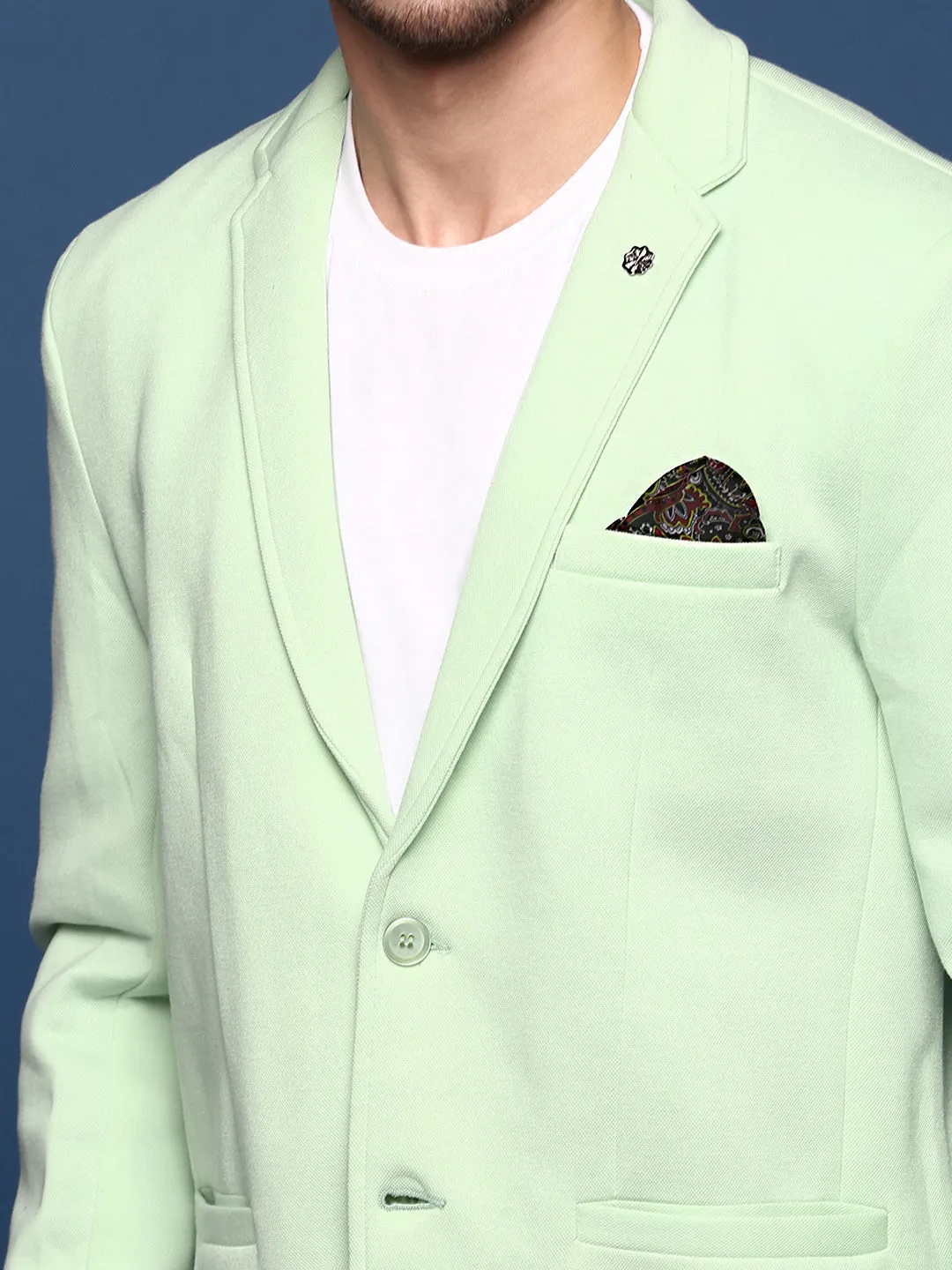 Men Sea Green Slim Fit Single Breasted Notched Lapel Cotton Blazers