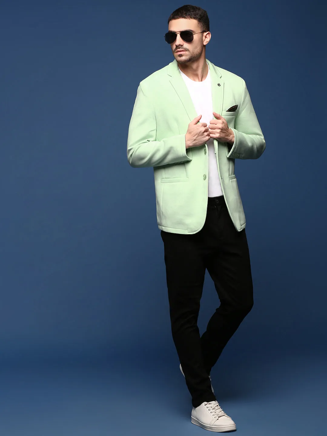 Men Sea Green Slim Fit Single Breasted Notched Lapel Cotton Blazers