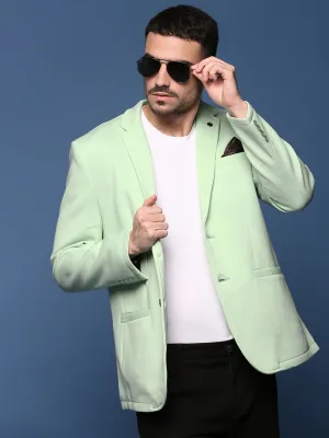 Men Sea Green Slim Fit Single Breasted Notched Lapel Cotton Blazers
