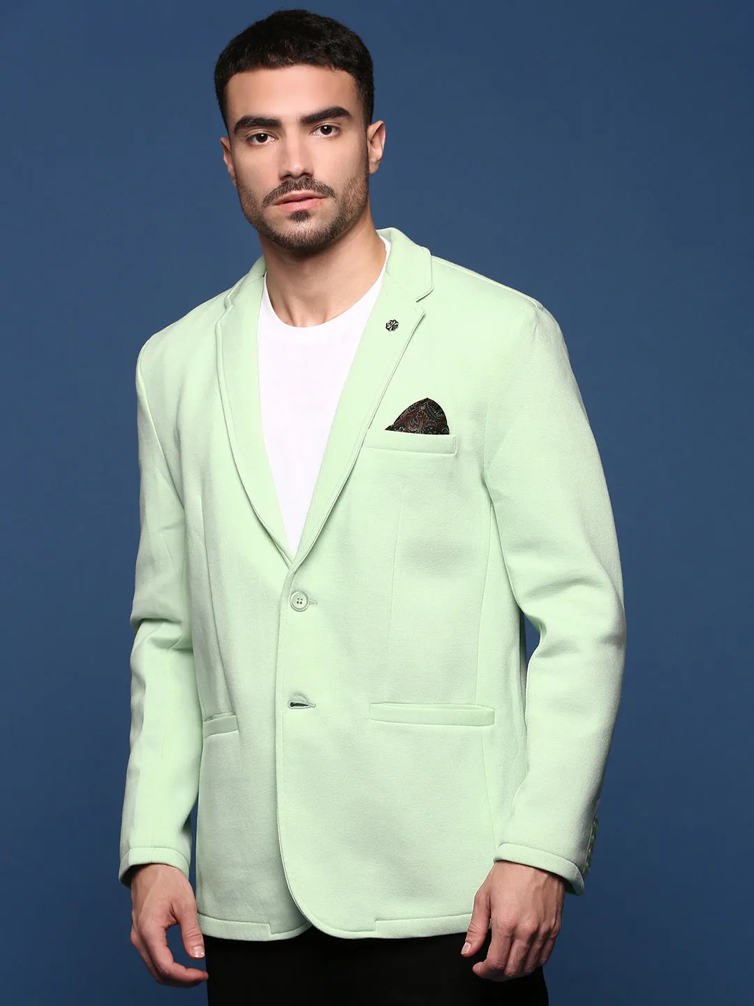 Men Sea Green Slim Fit Single Breasted Notched Lapel Cotton Blazers