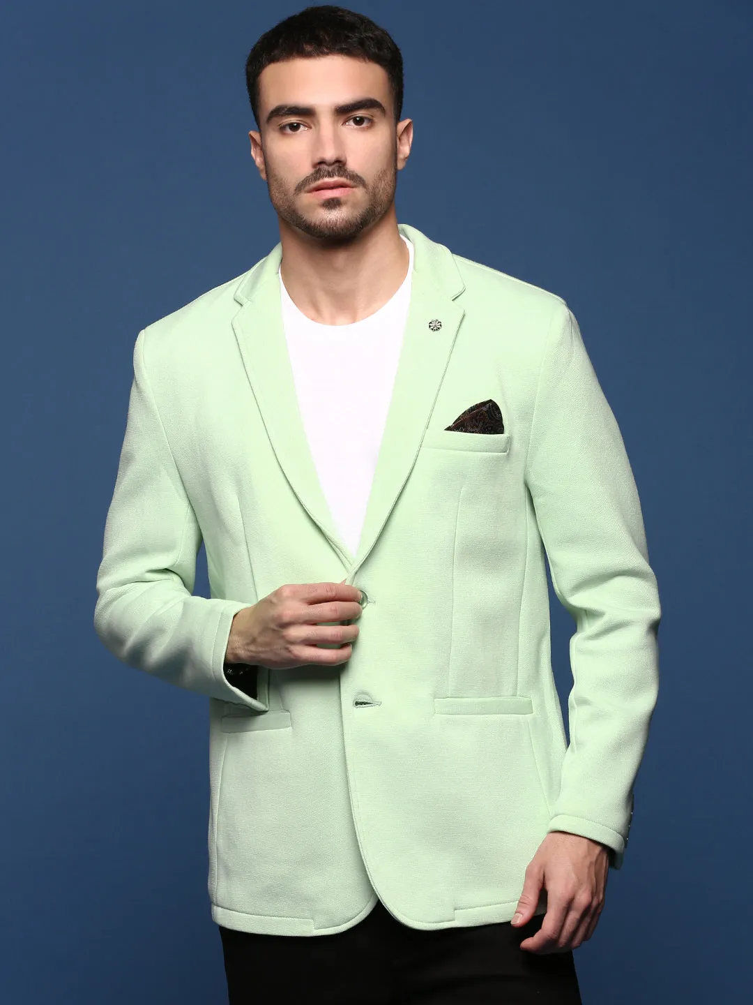 Men Sea Green Slim Fit Single Breasted Notched Lapel Cotton Blazers