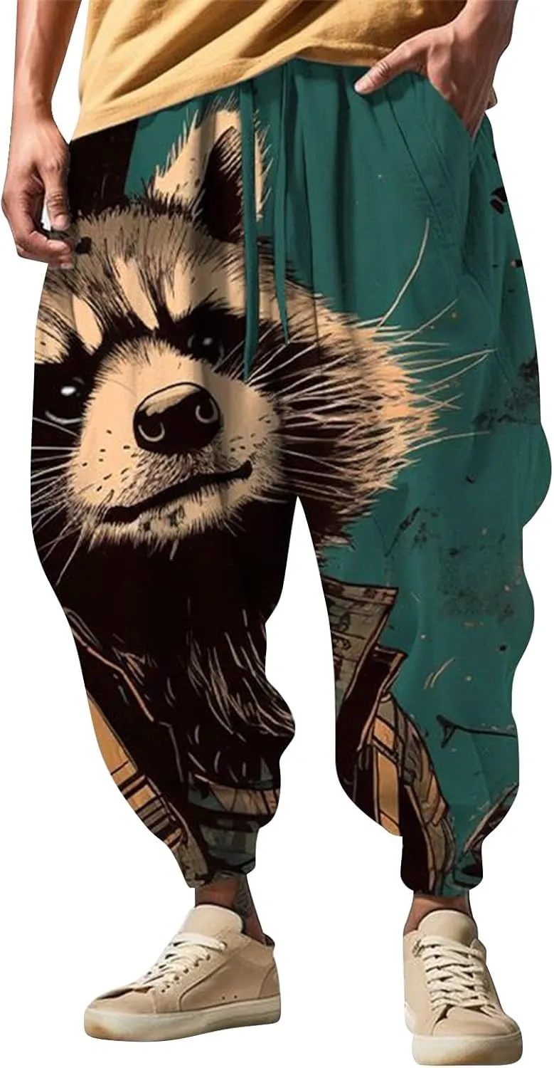 Men's Drawstring Hippie Harem Pants Men's Autumn Fun Print Fashion Street Feel Casual Sweatpants Athletic Running