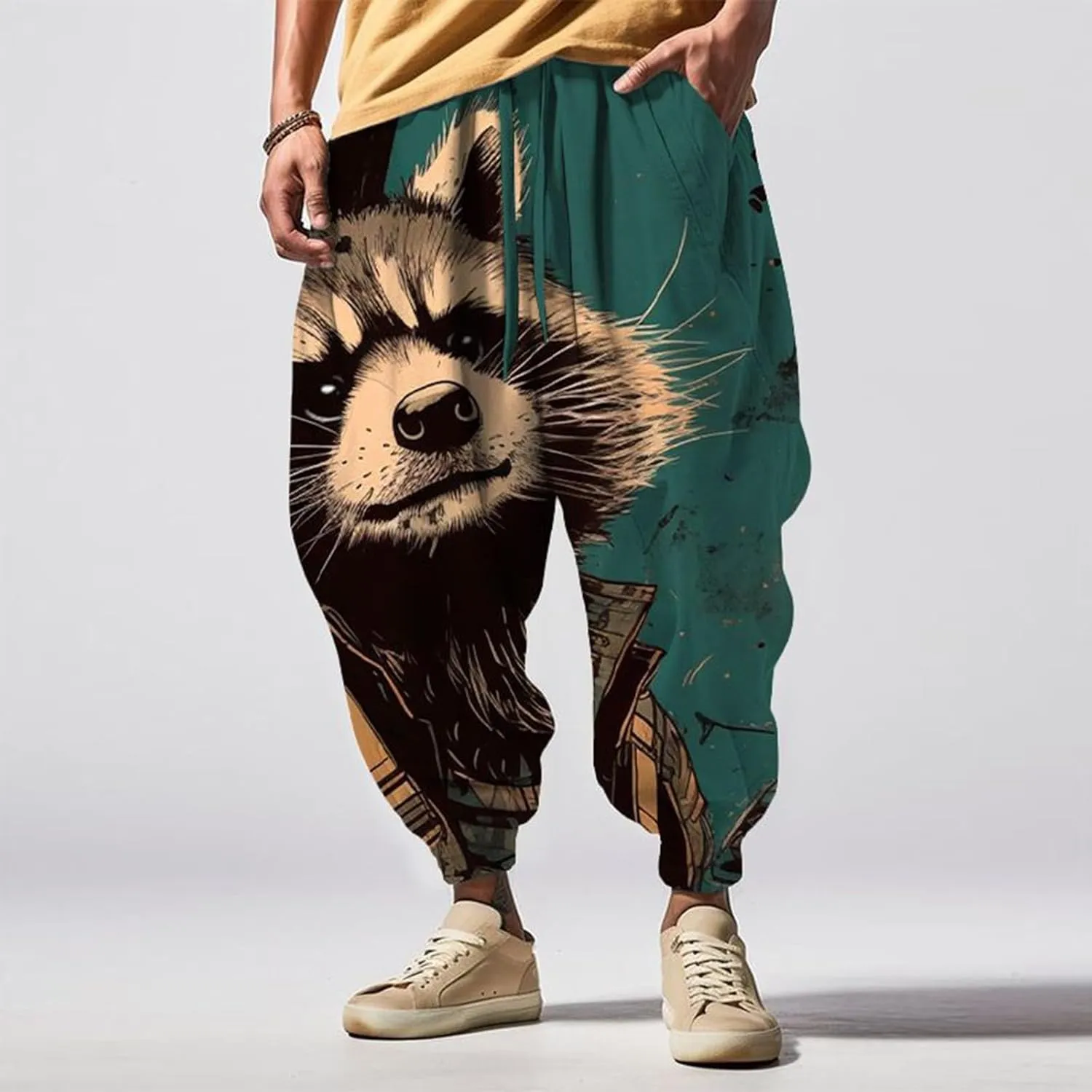 Men's Drawstring Hippie Harem Pants Men's Autumn Fun Print Fashion Street Feel Casual Sweatpants Athletic Running