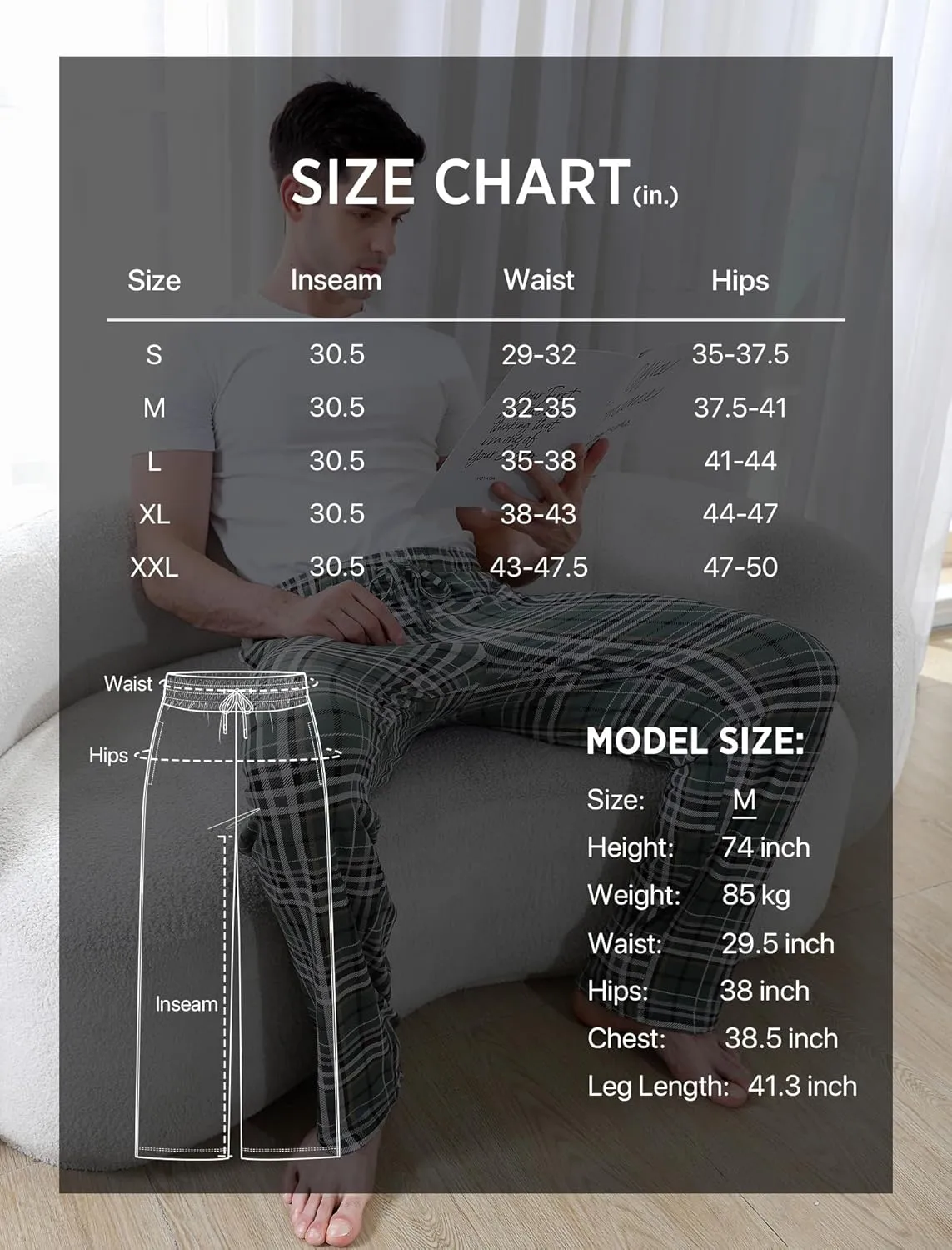 Men's Lightweight Pajama Pants Soft Lounge Sleep Joggers Adjustable Drawstring & Pockets All-Season Sleepwear