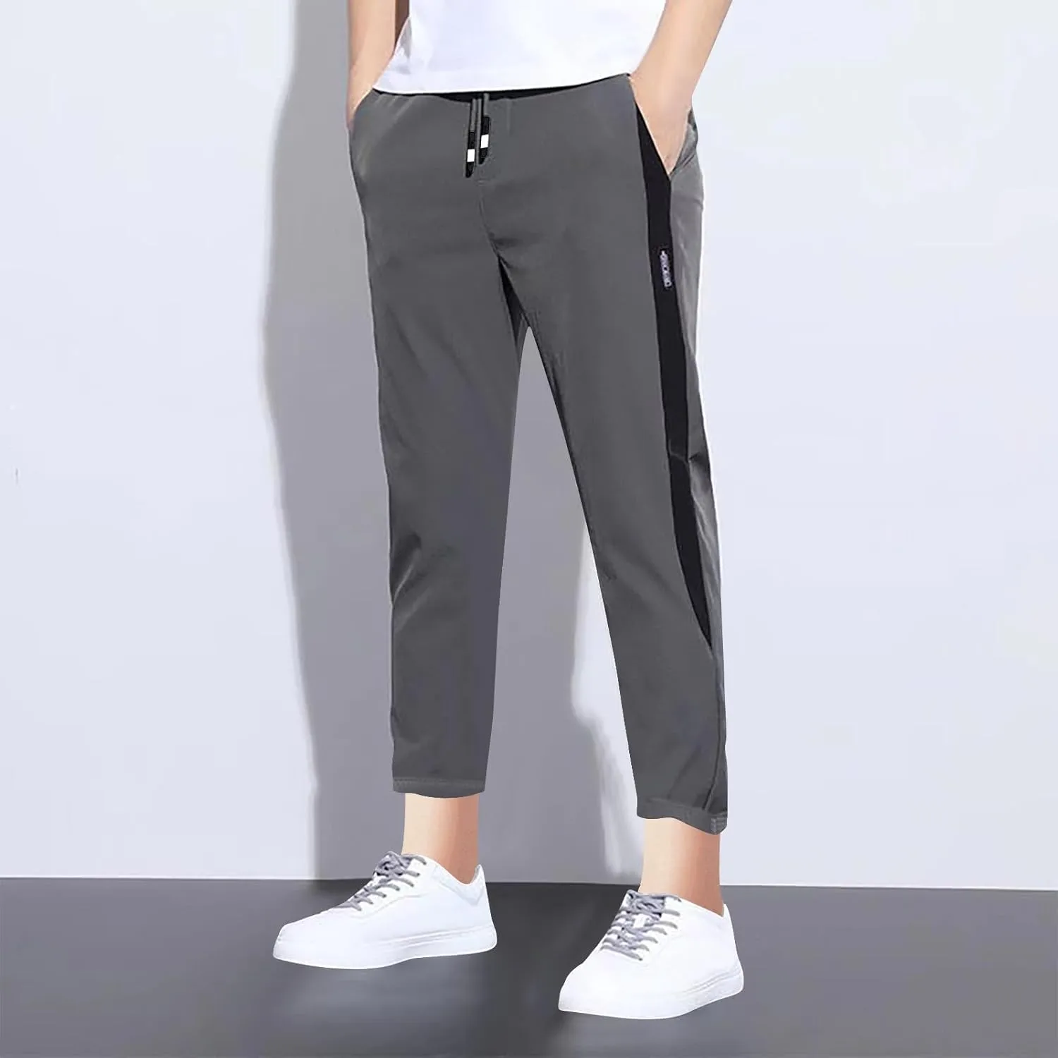 Mens Stretch Cargo Pants Casual Elastic Waist Drawstring Slim Fit Training Trousers Outdoors Golf Sweatpants Joggers