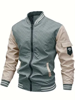 Men's Trendy Zip Up Baseball Collar Color Block Jacket With Pockets, Casual Coat For Sports, Spring Fall