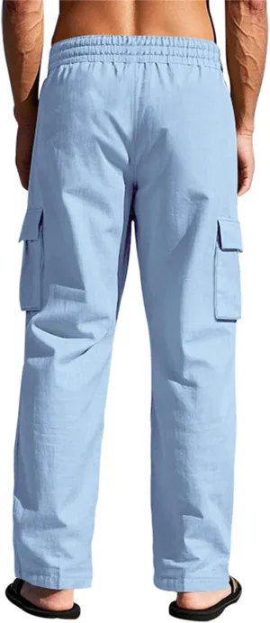 Mens Work Pants Linen Straight Elastic Waist Drawstring Summer Casual Fit Soild Sweatpants Vacation Beach Trousers
