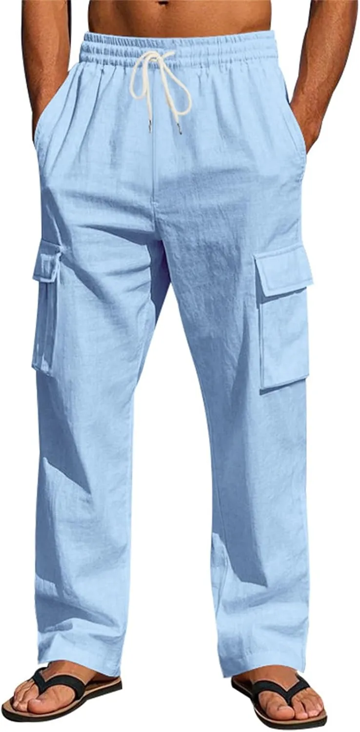 Mens Work Pants Linen Straight Elastic Waist Drawstring Summer Casual Fit Soild Sweatpants Vacation Beach Trousers