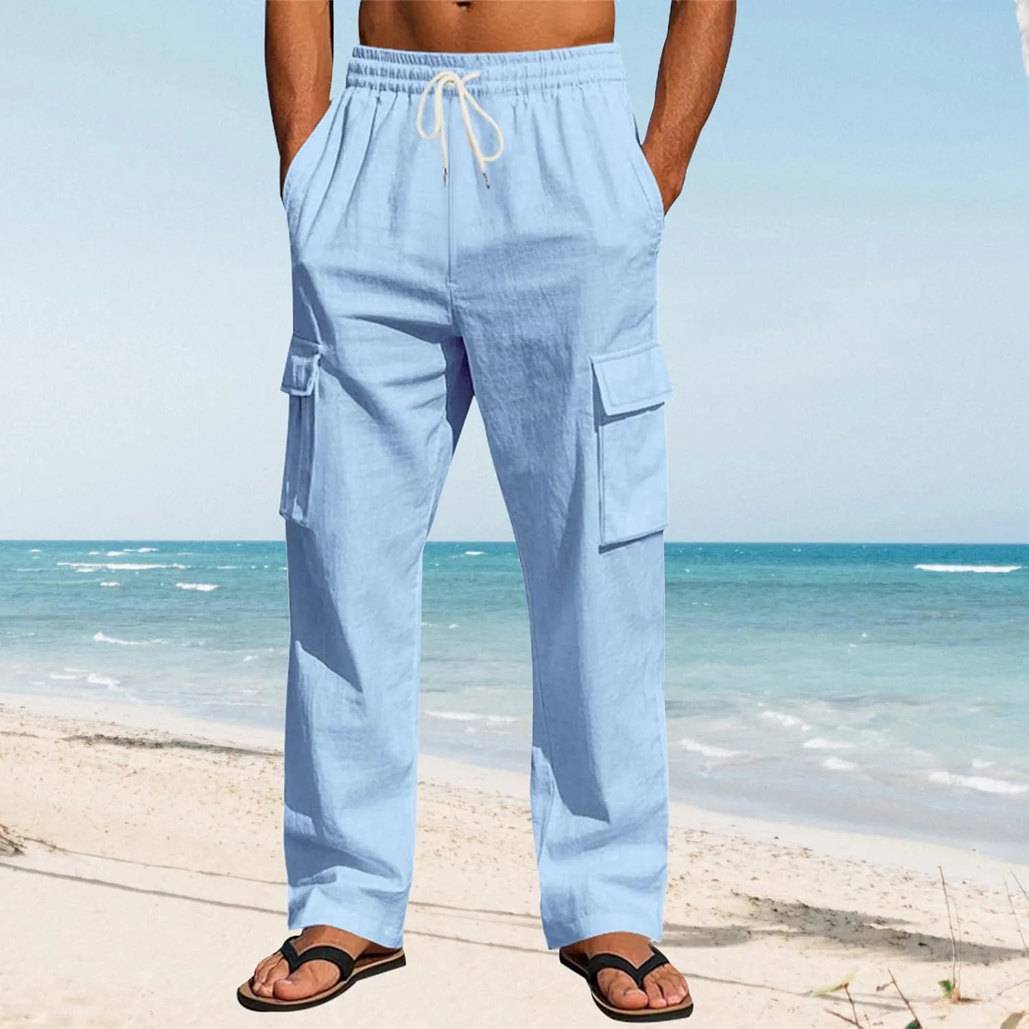 Mens Work Pants Linen Straight Elastic Waist Drawstring Summer Casual Fit Soild Sweatpants Vacation Beach Trousers