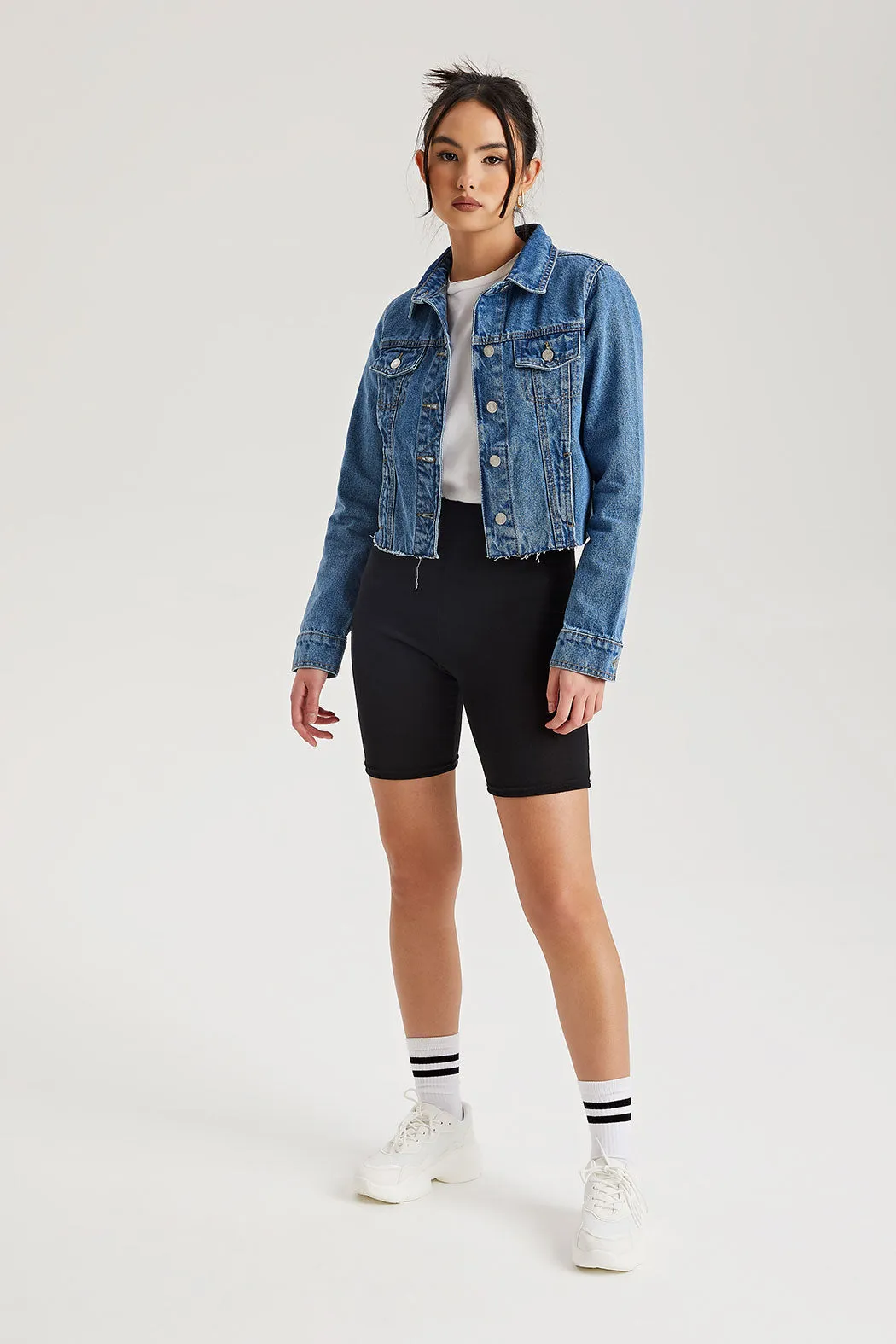Mid Blue Raw Hem Denim Jacket