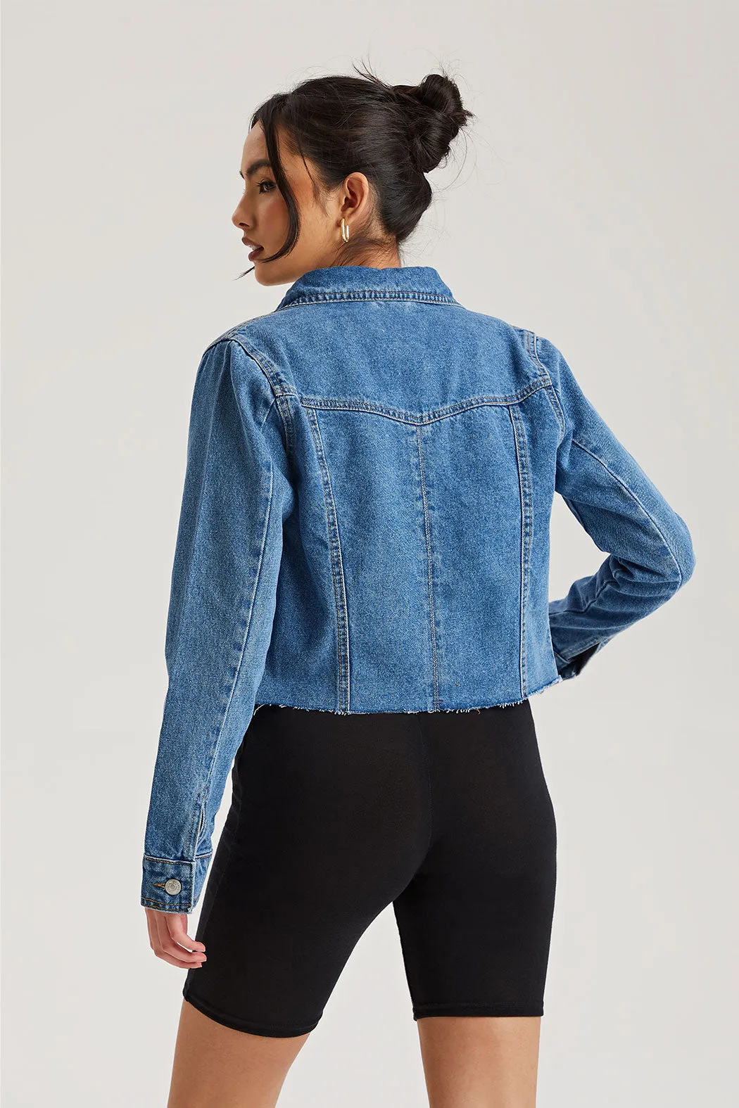Mid Blue Raw Hem Denim Jacket