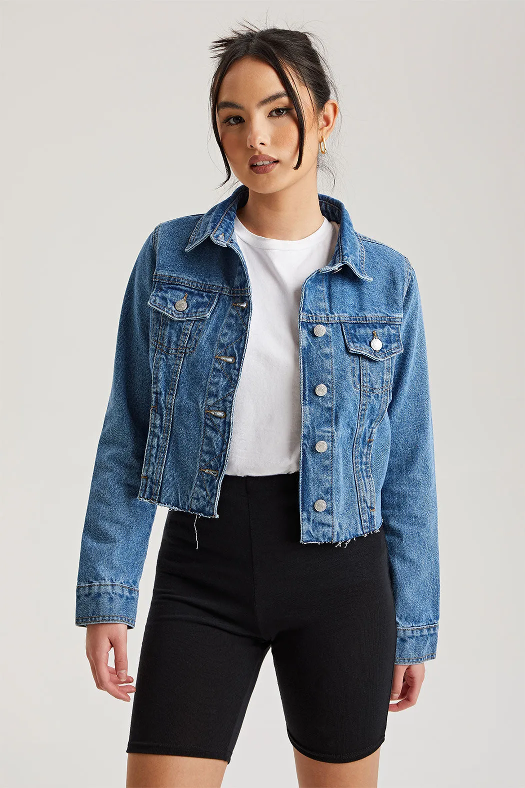 Mid Blue Raw Hem Denim Jacket