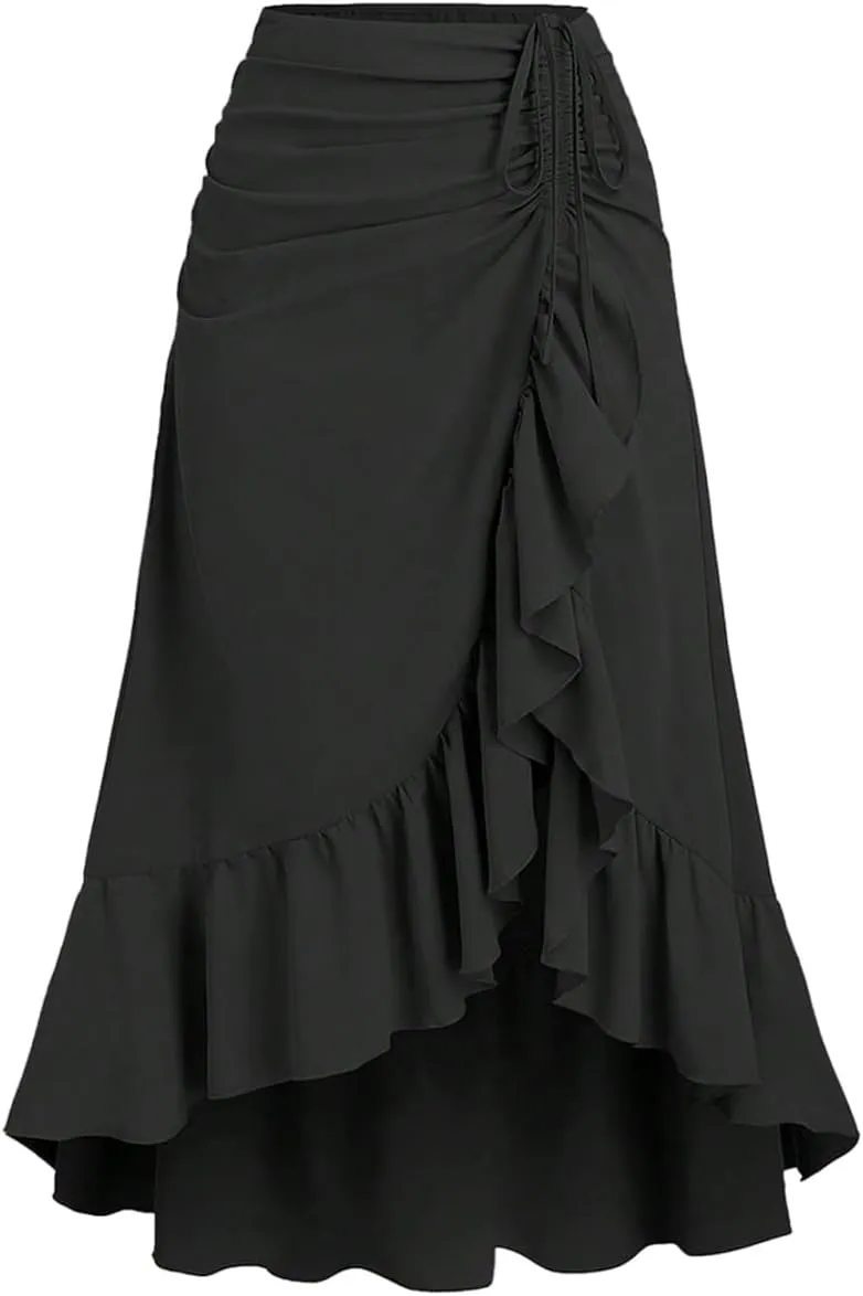 Milumia Women's Wrap Front Ruffle Drawstring Midi Skirt Vintage Ruched Asymmetrical Hem Long Skirt