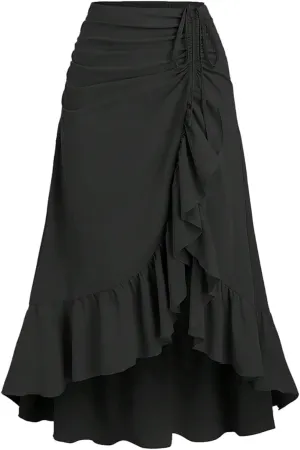 Milumia Women's Wrap Front Ruffle Drawstring Midi Skirt Vintage Ruched Asymmetrical Hem Long Skirt