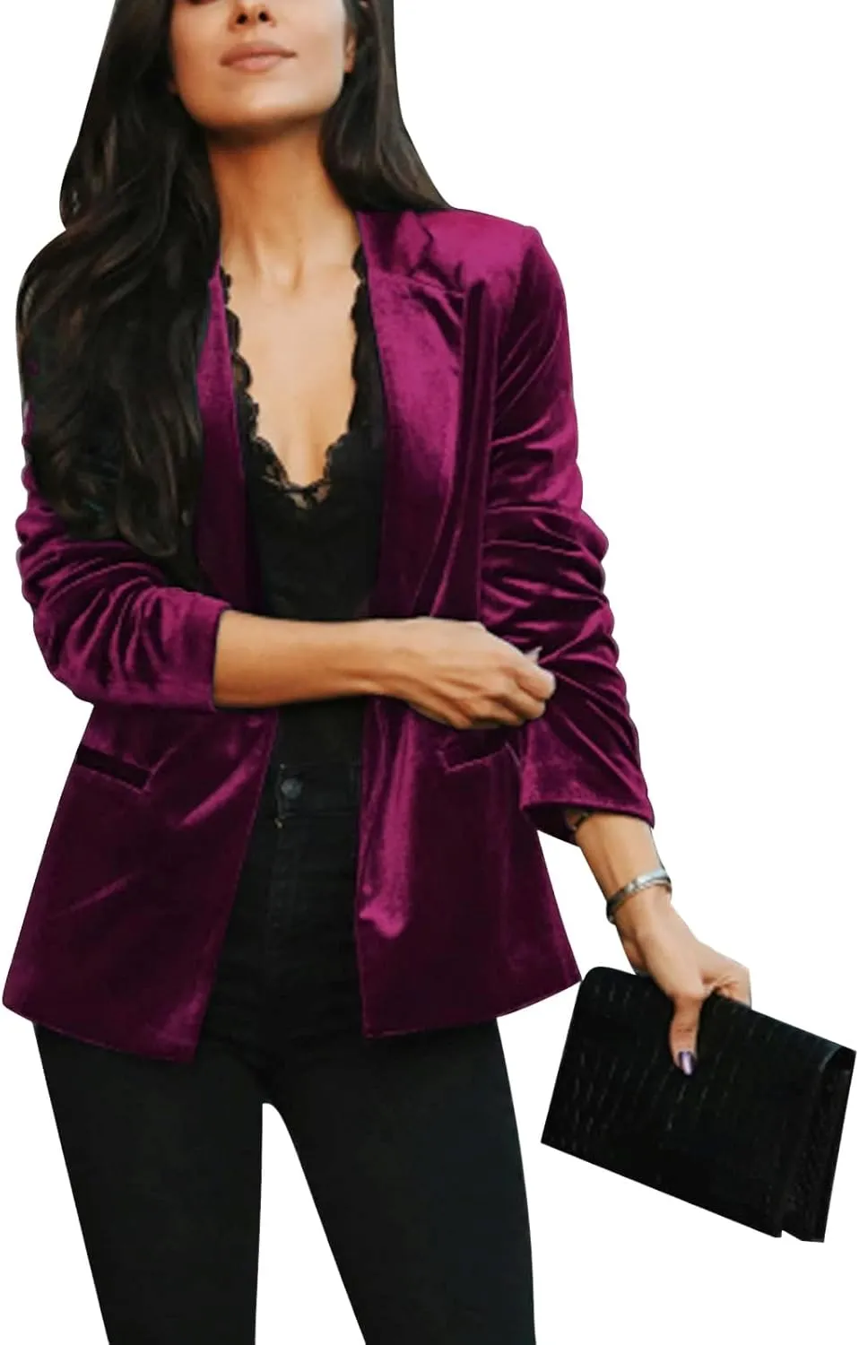 MINTLIMIT Velvet Blazers for Women Long Sleeve Notched Lapel Blazer Formal Events Work Office Velvet Jacket Coat with Pockets,M,Purplish Red