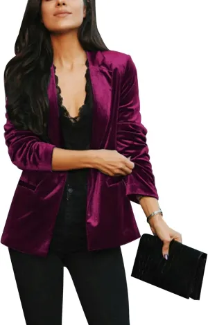 MINTLIMIT Velvet Blazers for Women Long Sleeve Notched Lapel Blazer Formal Events Work Office Velvet Jacket Coat with Pockets,M,Purplish Red
