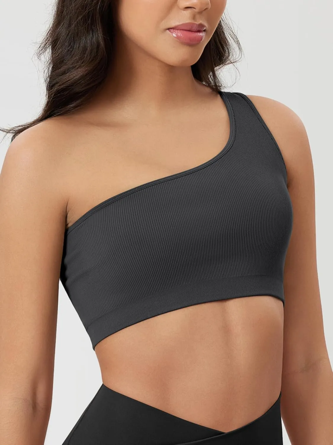 ODODOS Seamless One Shoulder Sports Bra for Women Ribbed Asymmetrical Non Padded Yoga Crop Tank Tops