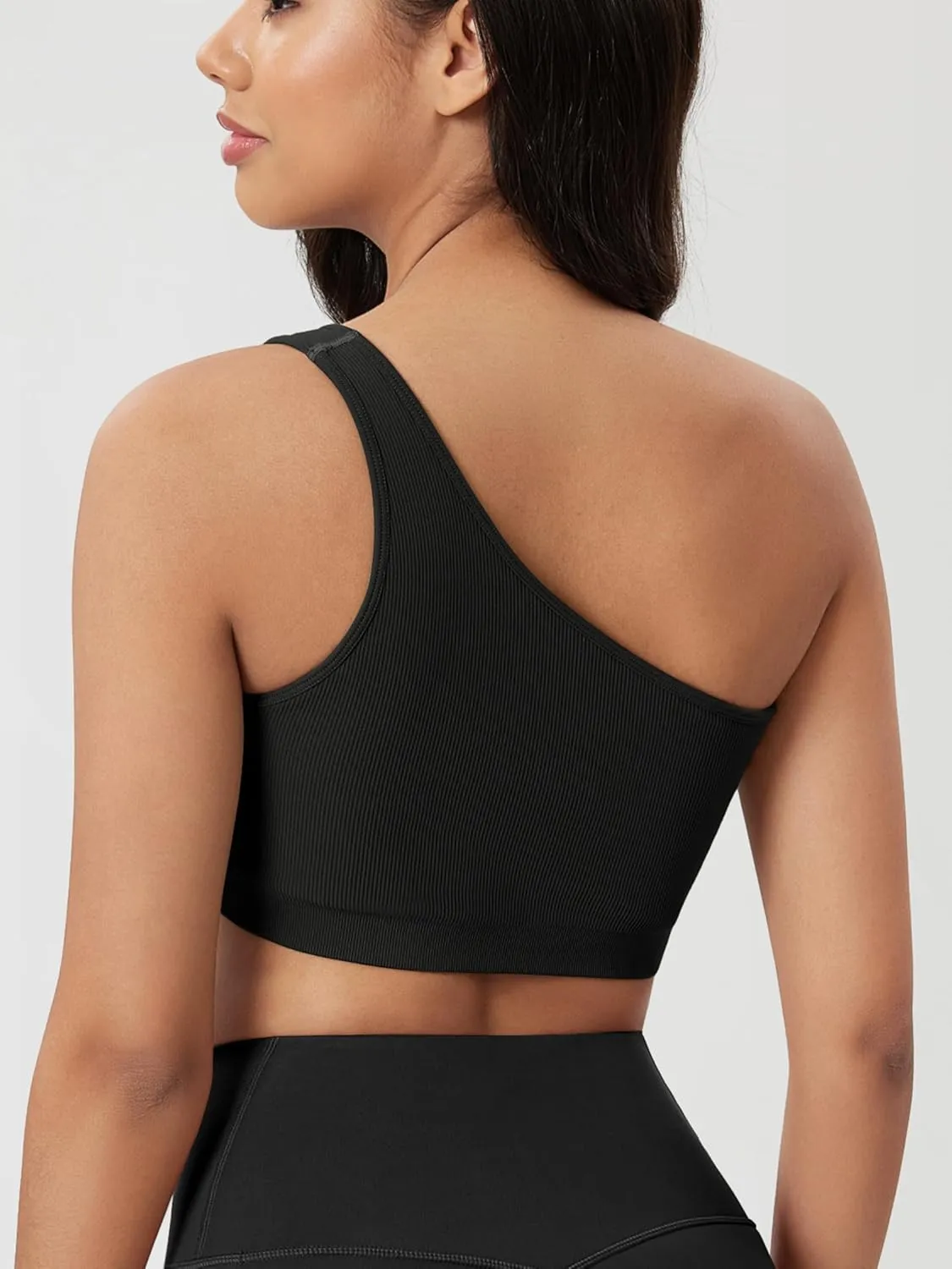 ODODOS Seamless One Shoulder Sports Bra for Women Ribbed Asymmetrical Non Padded Yoga Crop Tank Tops