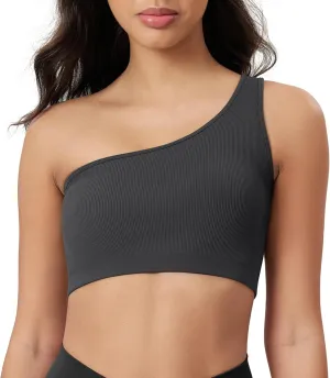 ODODOS Seamless One Shoulder Sports Bra for Women Ribbed Asymmetrical Non Padded Yoga Crop Tank Tops