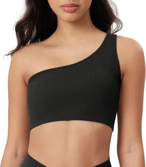 ODODOS Seamless One Shoulder Sports Bra for Women Ribbed Asymmetrical Non Padded Yoga Crop Tank Tops