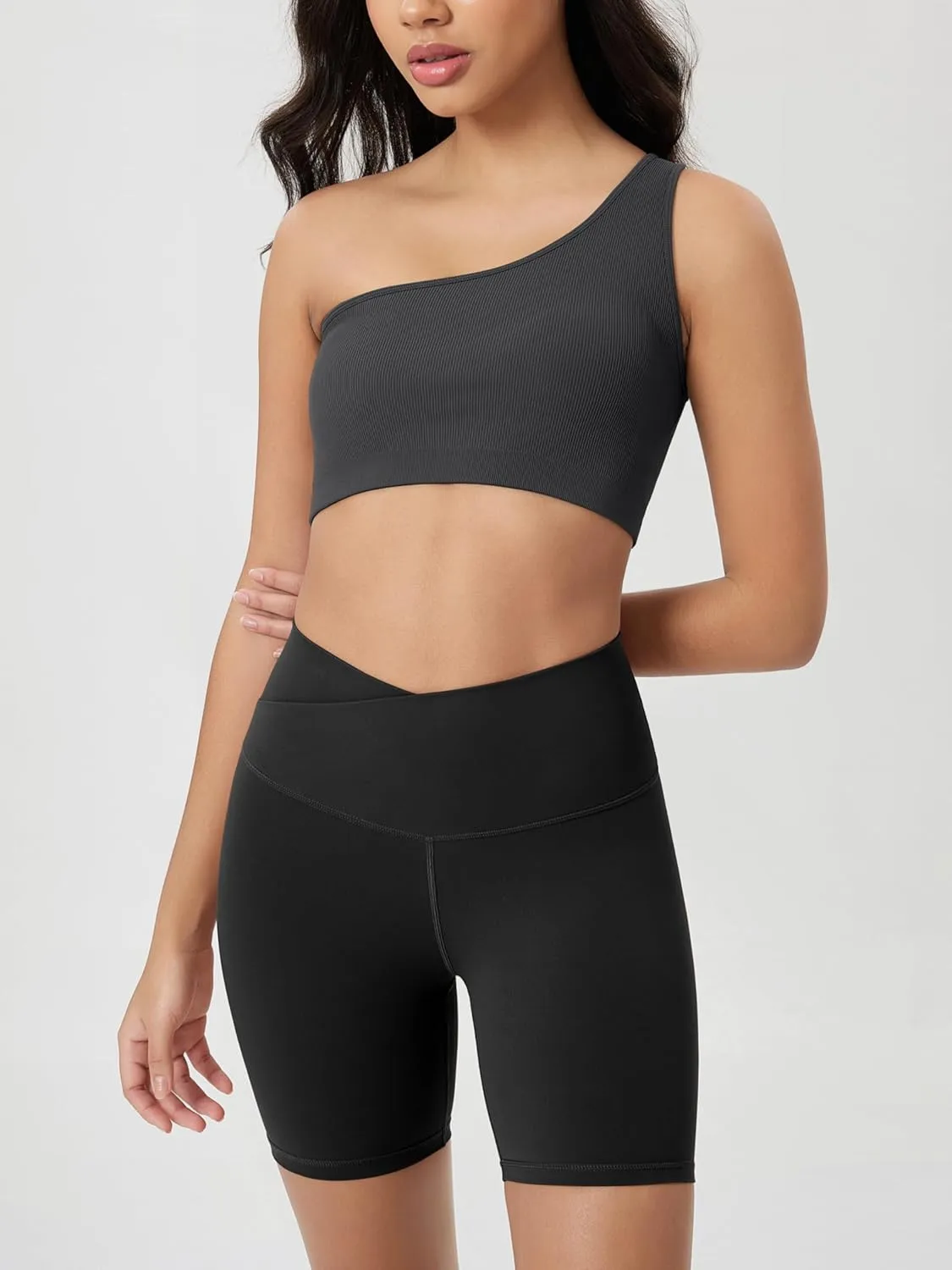 ODODOS Seamless One Shoulder Sports Bra for Women Ribbed Asymmetrical Non Padded Yoga Crop Tank Tops