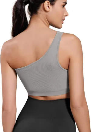 ODODOS Seamless One Shoulder Sports Bra for Women Ribbed Asymmetrical Non Padded Yoga Crop Tank Tops