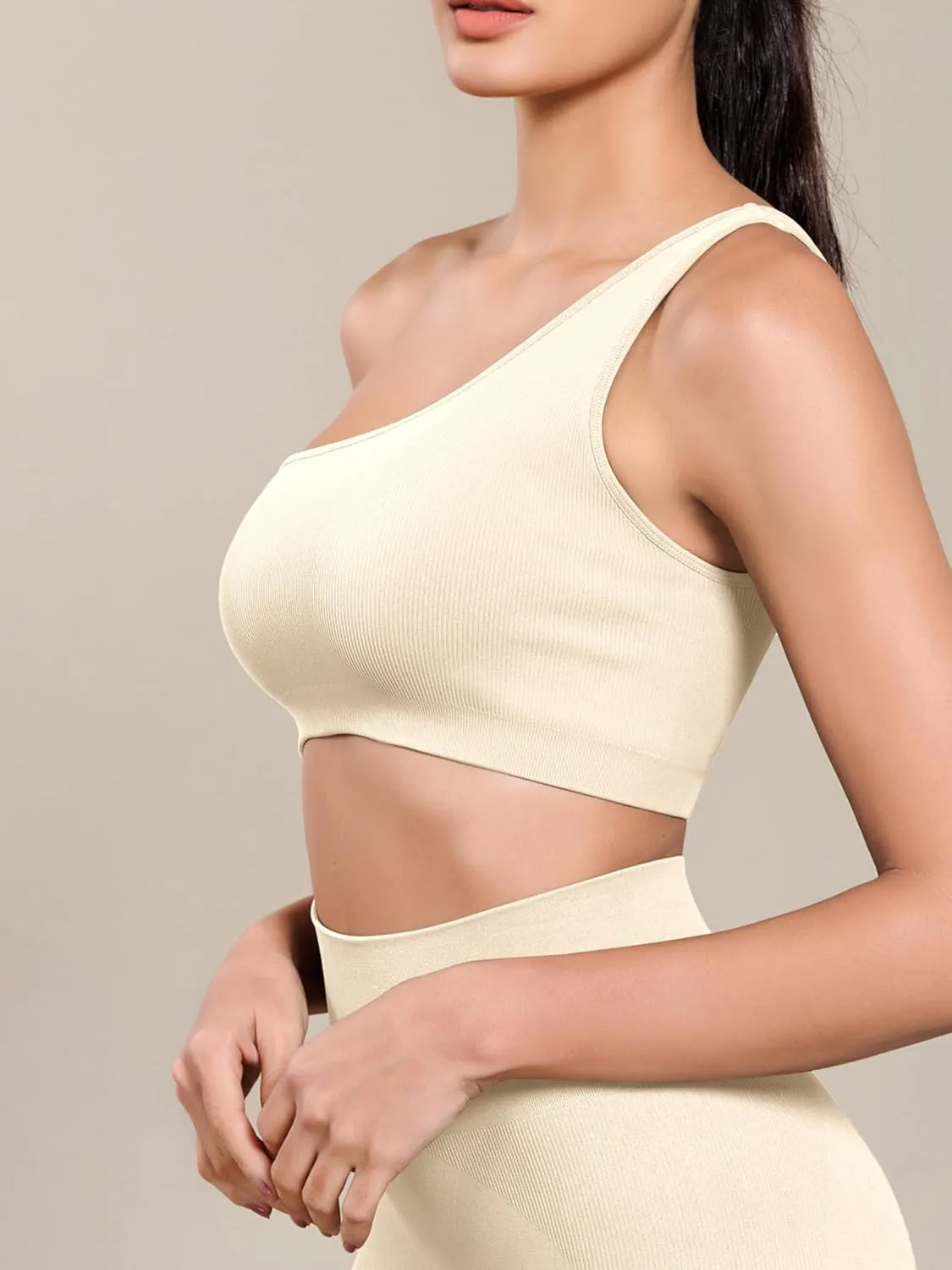 ODODOS Seamless One Shoulder Sports Bra for Women Ribbed Asymmetrical Non Padded Yoga Crop Tank Tops