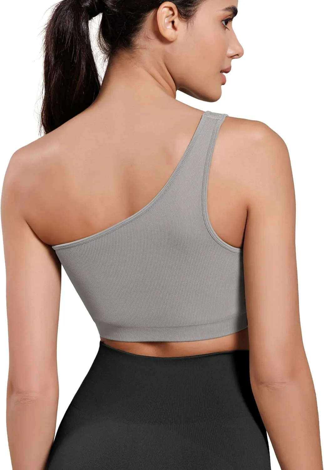 ODODOS Seamless One Shoulder Sports Bra for Women Ribbed Asymmetrical Non Padded Yoga Crop Tank Tops