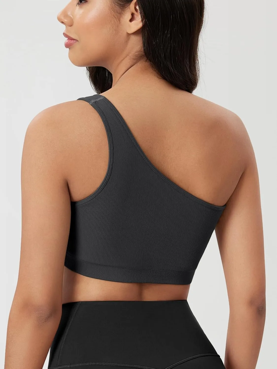 ODODOS Seamless One Shoulder Sports Bra for Women Ribbed Asymmetrical Non Padded Yoga Crop Tank Tops
