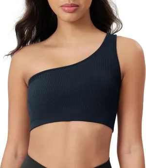 ODODOS Seamless One Shoulder Sports Bra for Women Ribbed Asymmetrical Non Padded Yoga Crop Tank Tops