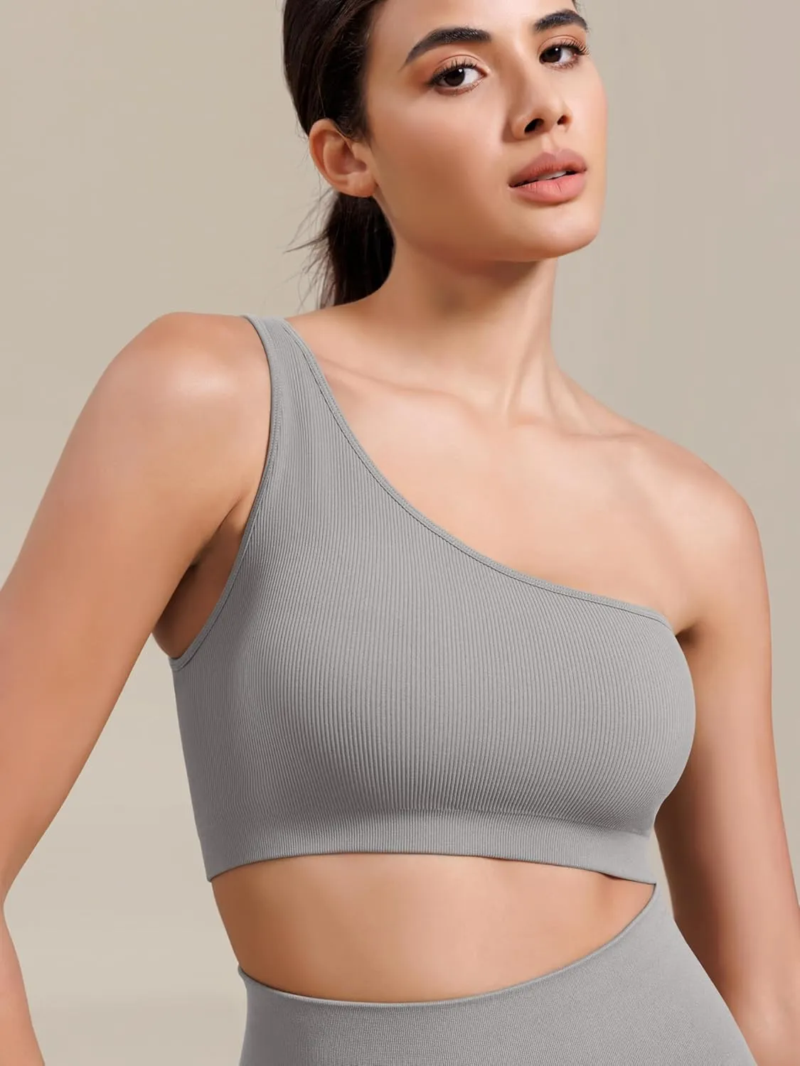 ODODOS Seamless One Shoulder Sports Bra for Women Ribbed Asymmetrical Non Padded Yoga Crop Tank Tops