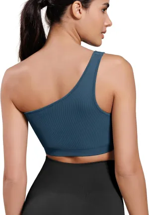 ODODOS Seamless One Shoulder Sports Bra for Women Ribbed Asymmetrical Non Padded Yoga Crop Tank Tops