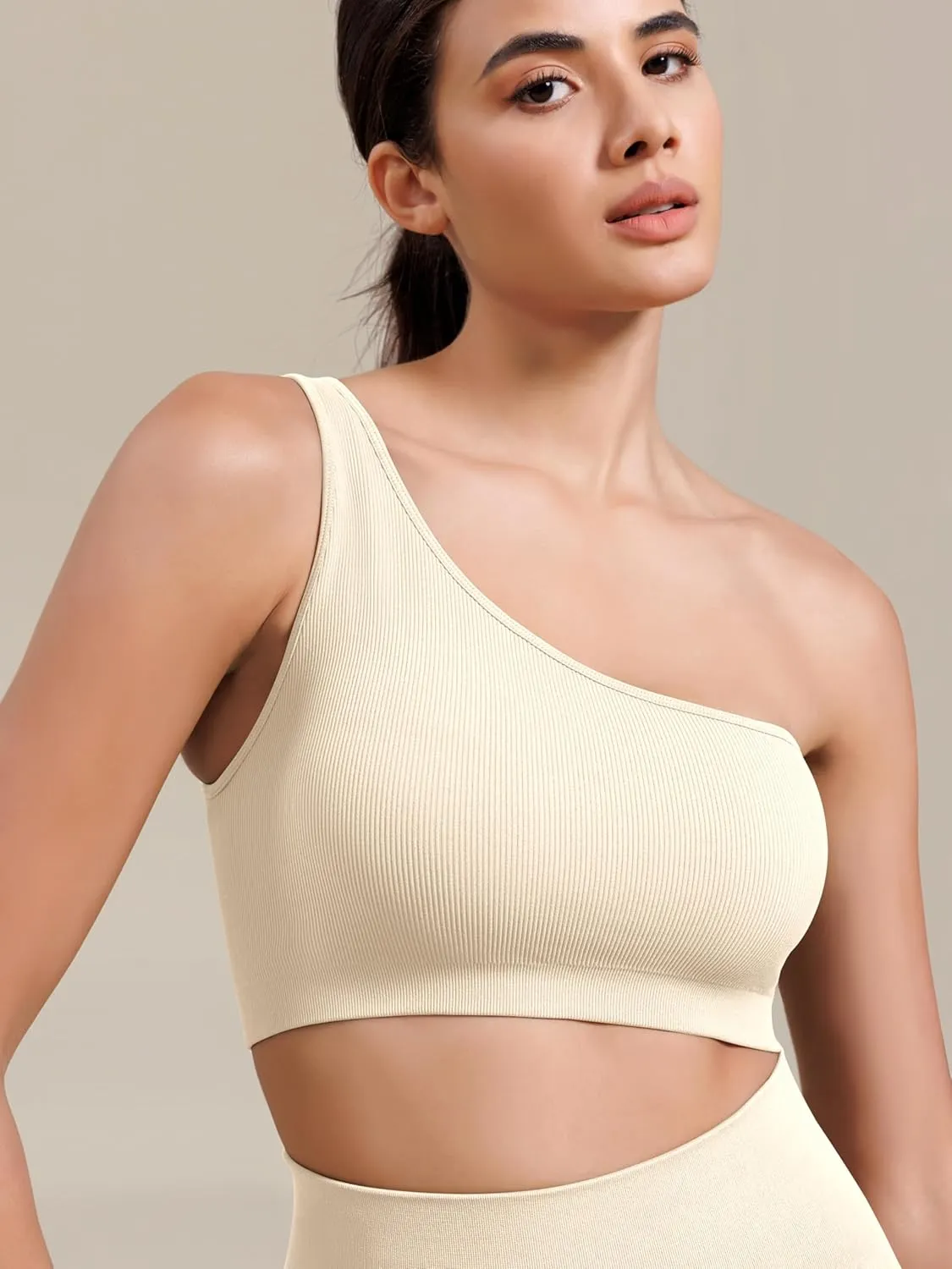 ODODOS Seamless One Shoulder Sports Bra for Women Ribbed Asymmetrical Non Padded Yoga Crop Tank Tops