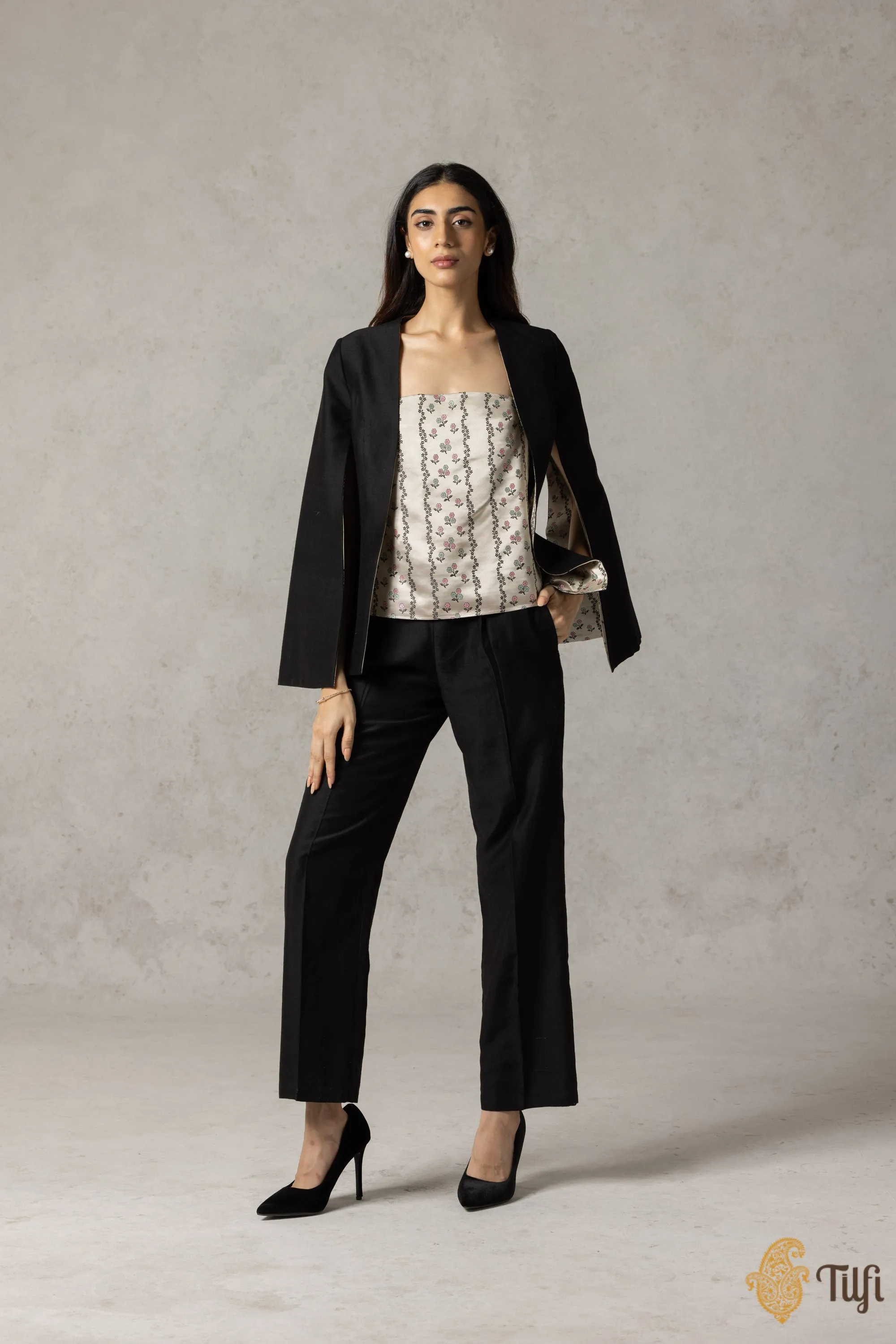 Off-White and Black Reversible Jacket and Pants Set