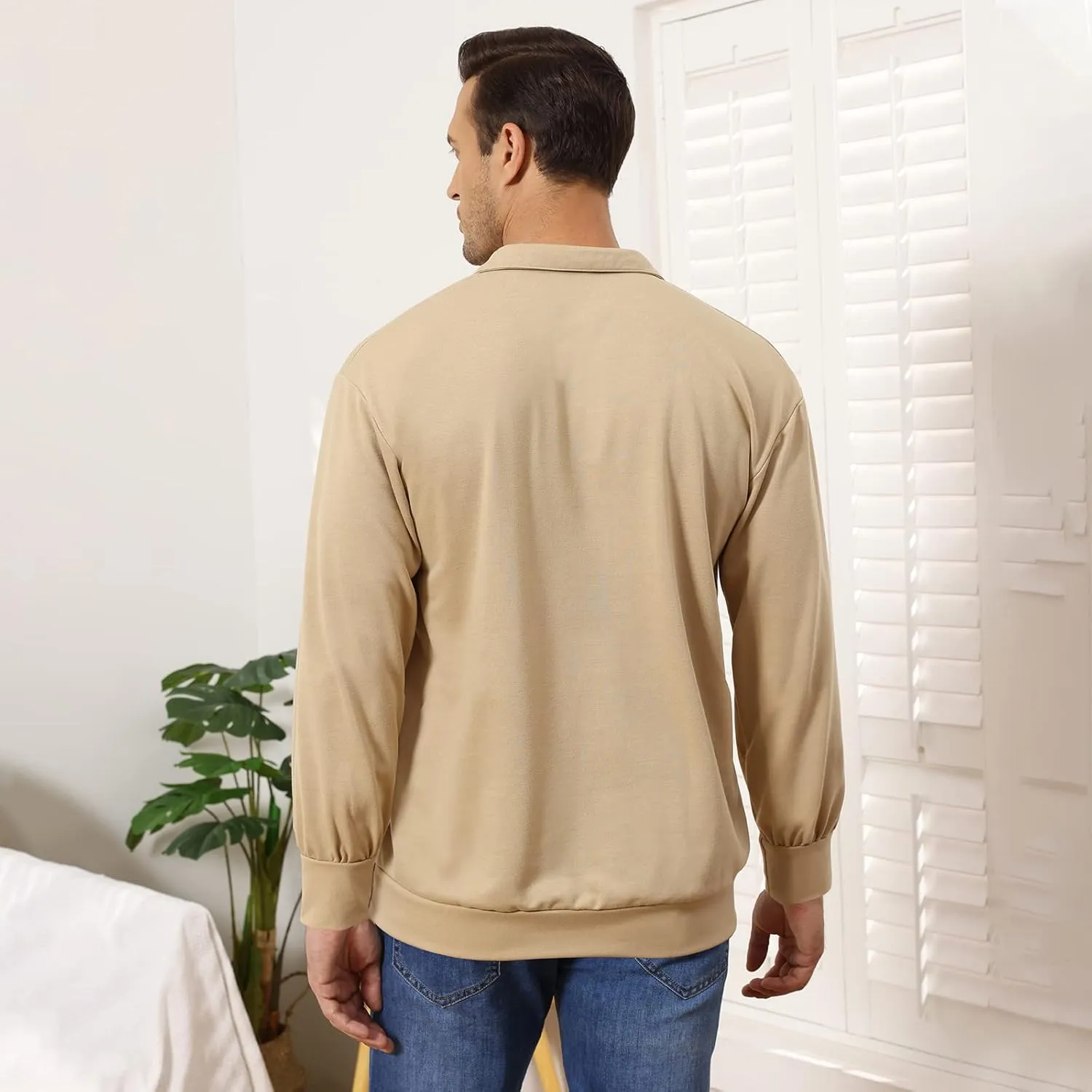 Opomelo Men's Long Sleeve Pullover Polo Shirts-Casual Loose Fit Sweatshirts V Neck Tops