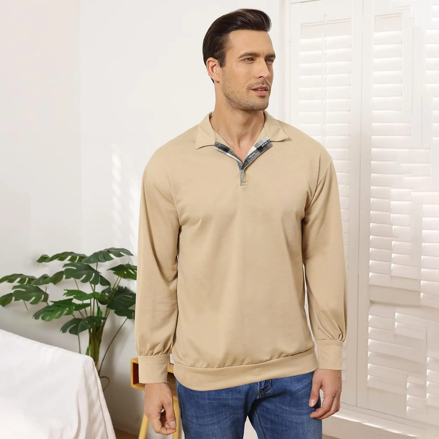 Opomelo Men's Long Sleeve Pullover Polo Shirts-Casual Loose Fit Sweatshirts V Neck Tops