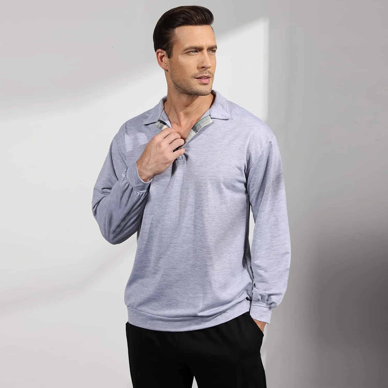 Opomelo Men's Long Sleeve Pullover Polo Shirts-Casual Loose Fit Sweatshirts V Neck Tops