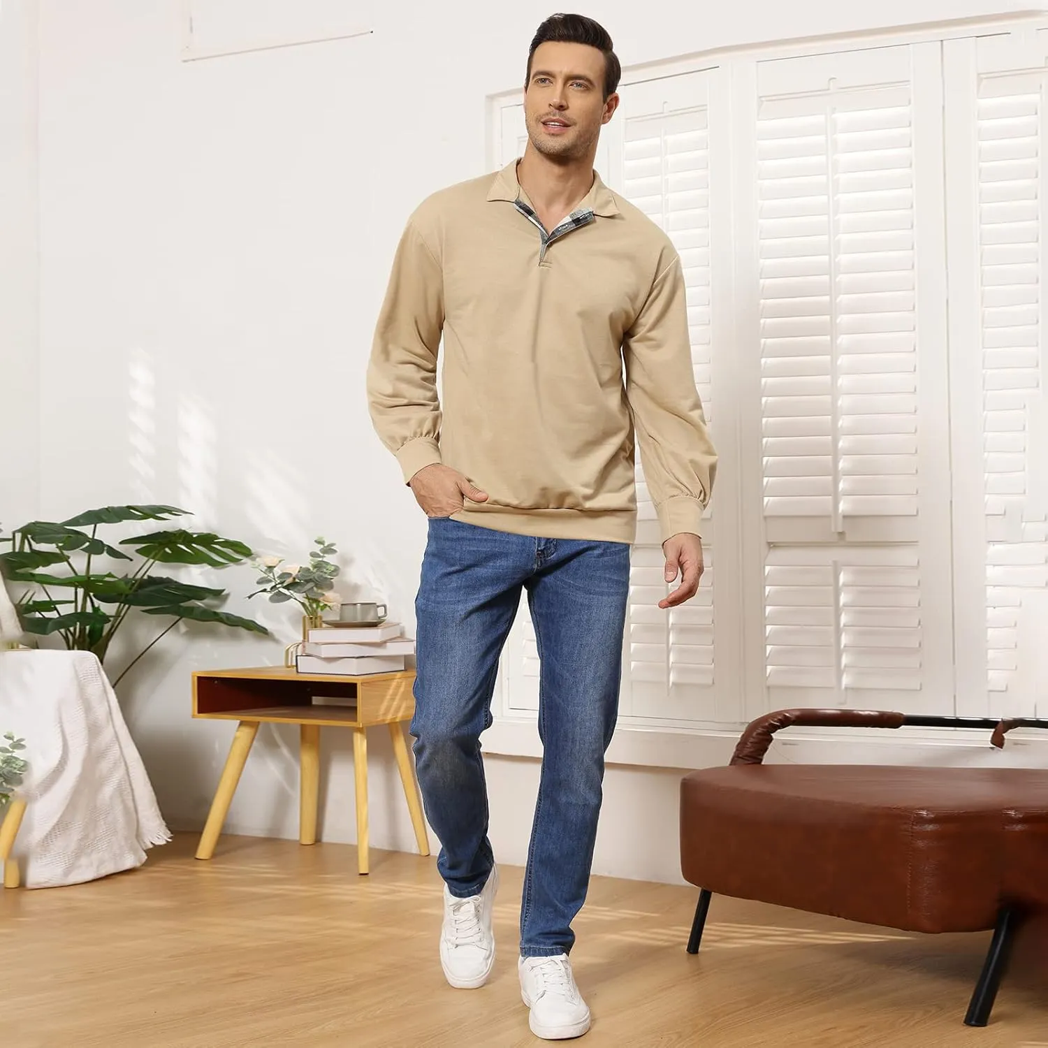 Opomelo Men's Long Sleeve Pullover Polo Shirts-Casual Loose Fit Sweatshirts V Neck Tops